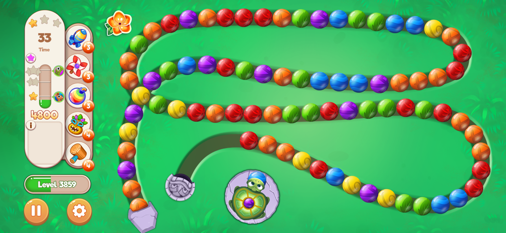 거북이 캐릭터와 구불구불한 마블 경로가 있는 화려한 마블 슈팅 게임 플레이