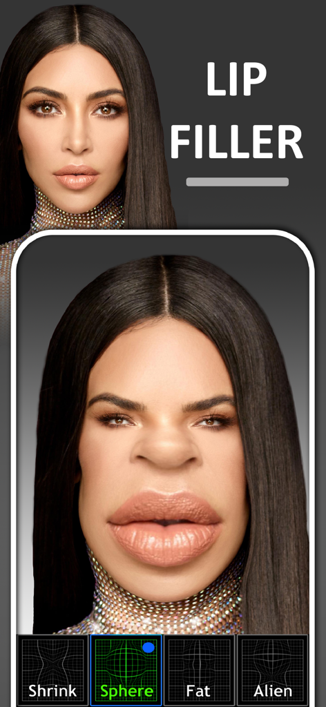 Funny Face Camera Booth - A face morphing app interface displaying a distorted celebrity face with enlarged lips using a sphere filter