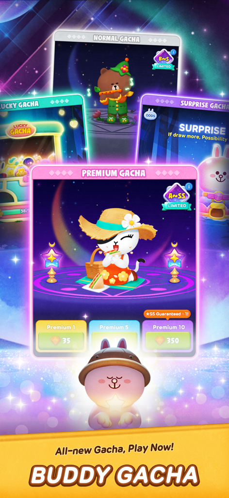 LINE Bubble 2 - Écran promotionnel pour le Buddy Gacha dans LINE Bubble 2 présentant différents niveaux de gacha et des personnages mignons