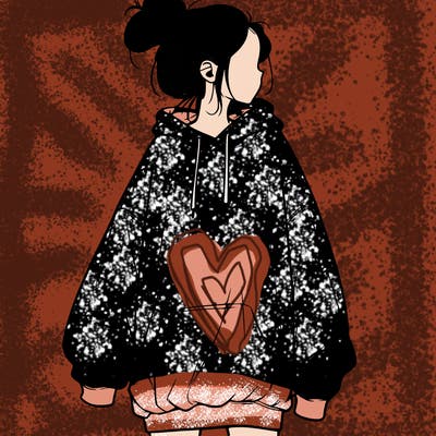 realistic girl with a oversized sweatshirt on and a bun