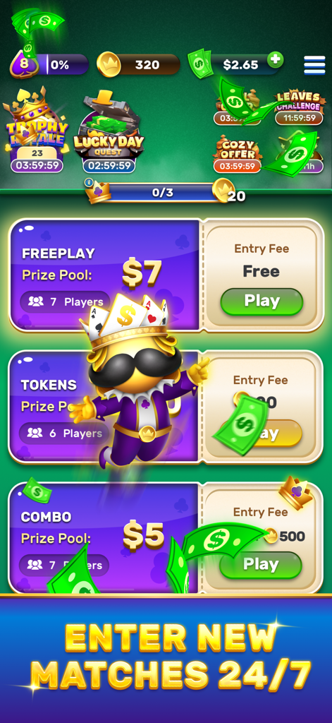 Solitaire Royale tournament selection screen showing various game modes with cash prizes and an enter new matches call to action