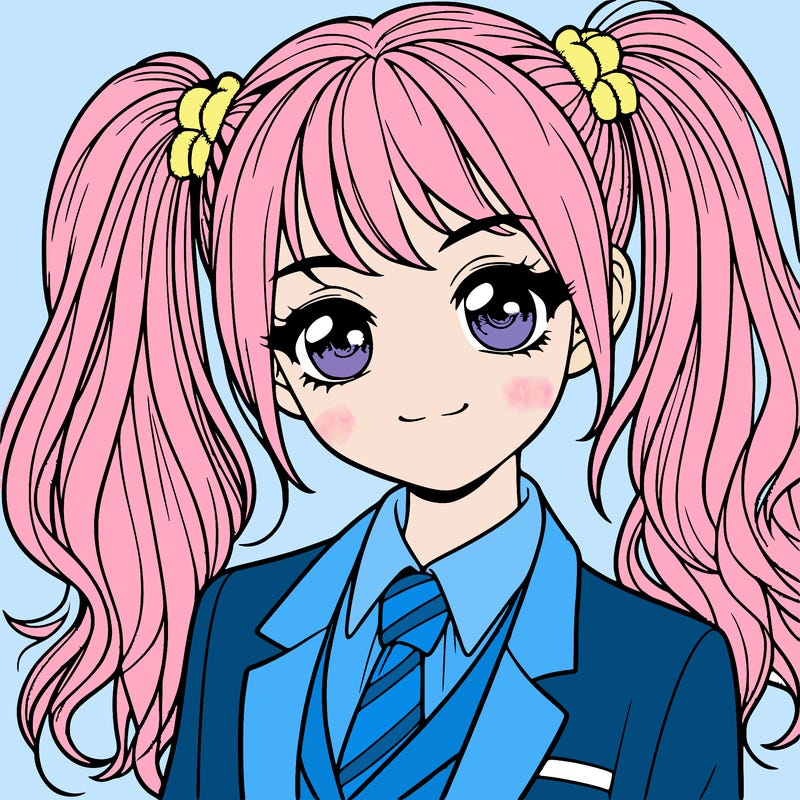 realistic girl with two ponytails and a suit on