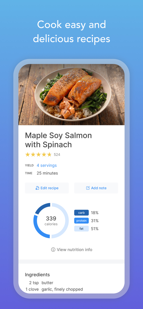 Intent - Meal Planner - Intent meal planner app showing a Maple Soy Salmon recipe with a macro breakdown and calorie count chart.