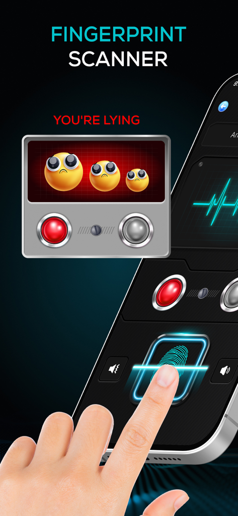 Una mano usando la función de escáner de huellas dactilares en la aplicación de broma del detector de mentiras con el resultado Mientes.