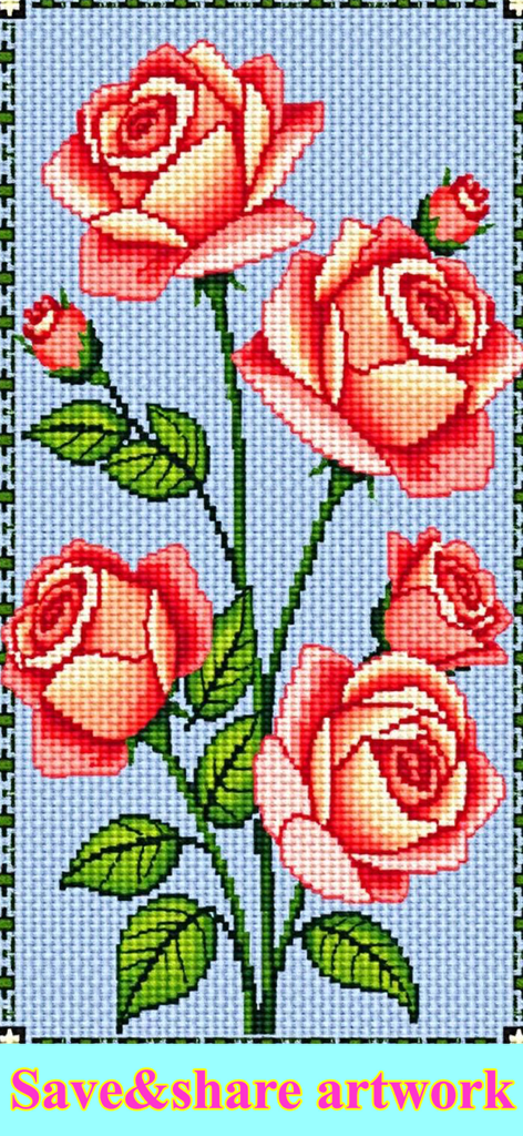 Cross Stitch Color by Number - A completed digital cross stitch pattern of red roses on a blue background.