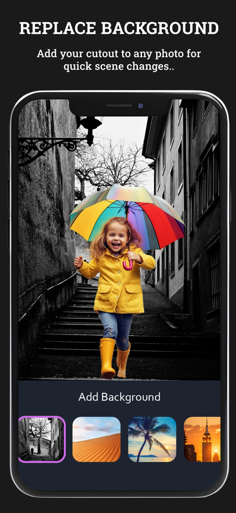Photo Cut Paste - Photo Cut Paste app interface showing a girl with a rainbow umbrella on a replaced background with different scenery options