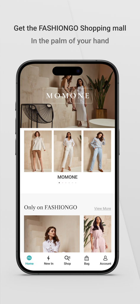 Mobile interface of the FashionGo Wholesale app featuring women fashion styles and brand collections