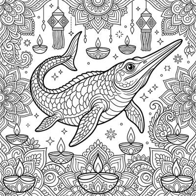Unleash your creativity with this extraordinary coloring page featuring an ancient Eurhinosaurus surrounded by the joyous glow of Diwali. Immerse yourself in a festive scene where fascinating marine life meets vibrant cultural traditions, offering a truly unique artistic journey.