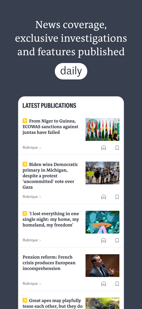 Le Mondeモバイルアプリの毎日のニュース記事と調査のリスト