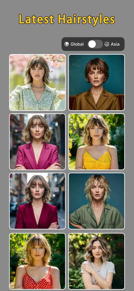 Hair AI: Hairstyle Try-On - A grid of eight women showcasing various trendy global hairstyles in the Hair AI app