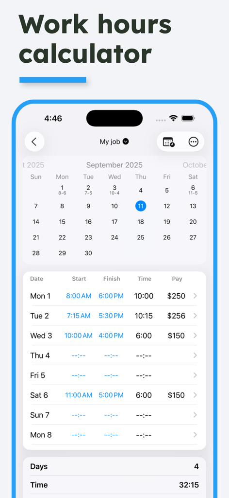 Time Calculator - Work Hours - 労働時間計算アプリのモバイル画面。カレンダービューと、開始時刻、終了時刻、総収入が表示される日次シフトログが表示されています。
