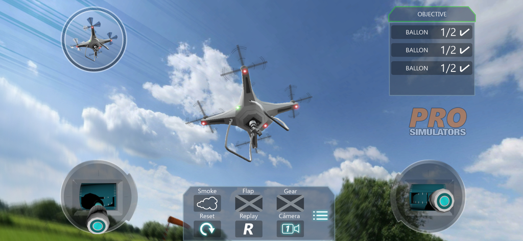 RC Flight Simulator Pro Radio drone mission with virtual joystick controls