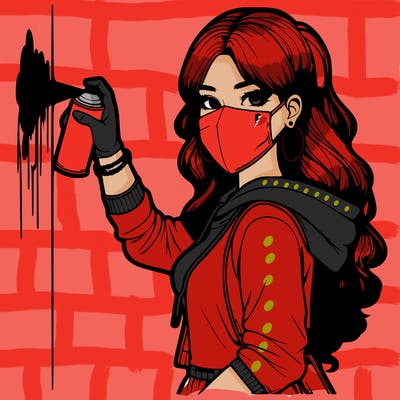 realistic girl with mask spray painting a wall