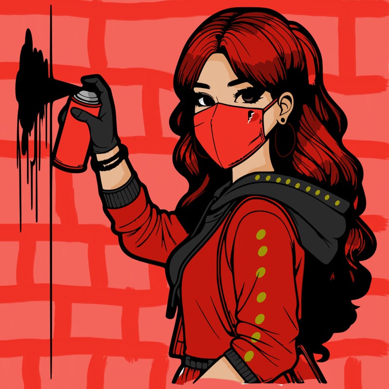 realistic girl with mask spray painting a wall