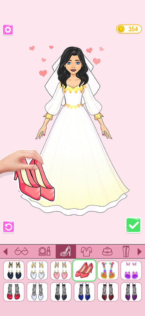 Paper Doll: Doll Dress Up Game - A digital paper doll in a white wedding dress being styled with pink high heels.