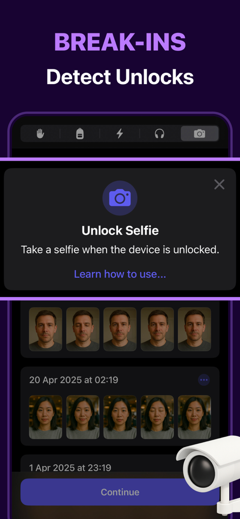 Crook Catcher Anti Theft Alarm - Mobile app screen showing the unlock selfie feature with a gallery of caught intruders