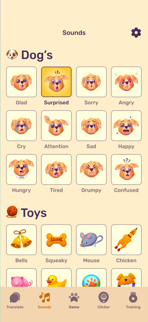 Jolly Dog: Game For Pets - A mobile app interface showing a soundboard with dog emotions and interactive toy sound icons.