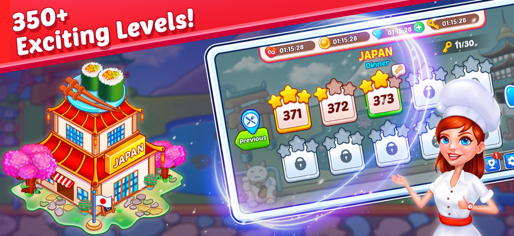 Pantalla de selección de nivel para el restaurante de Japón en Cooking Carnival Chef Game con una chef femenina y un edificio temático de sushi.