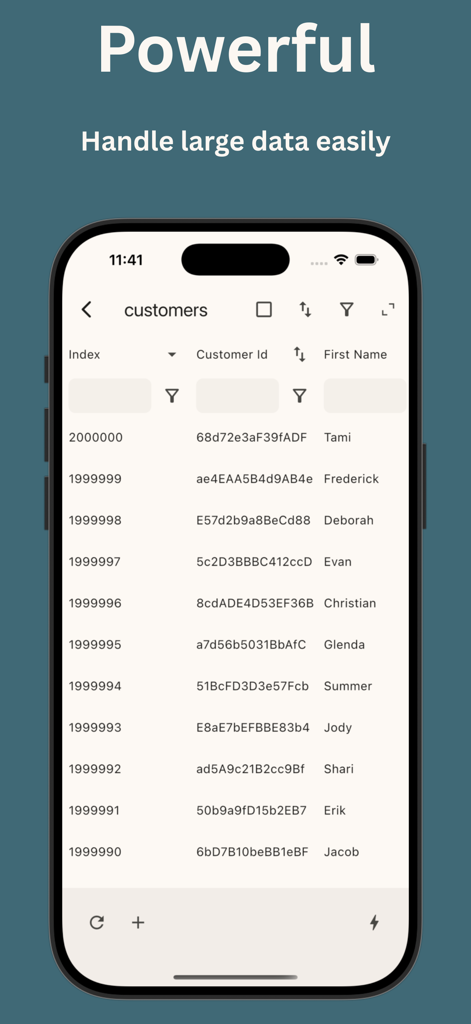 PhoneSQL mobile app interface displaying a database table with over two million customer records and data filtering options.