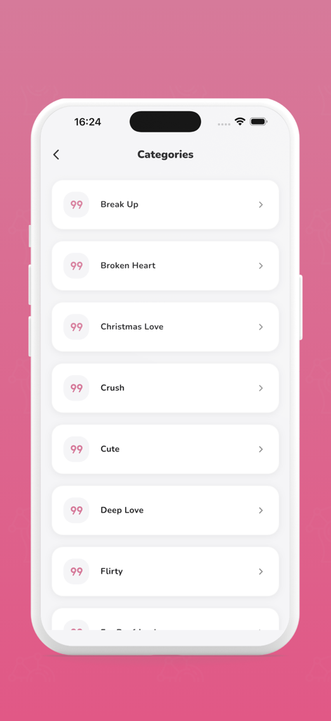 Love Quotes and Messages - Love Quotes and Messages 앱의 인터페이스에 Crush, Deep Love 등 명언 카테고리가 표시됩니다.