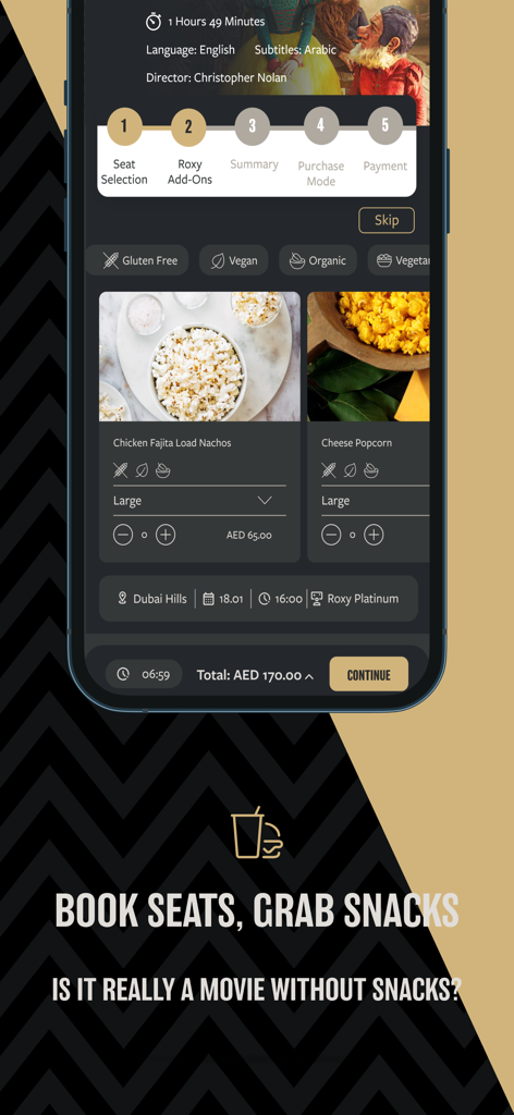ROXY Cinemas UAE - A mobile phone screen showing the ROXY Cinemas UAE app snack selection page with options for nachos and popcorn.