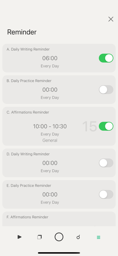 A screen showing various daily reminder settings for an affirmation and wellness app