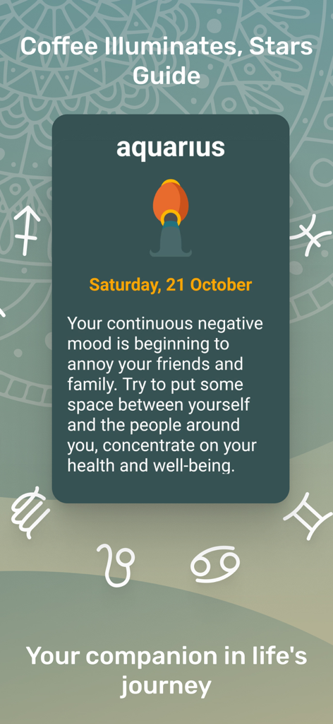 Daily Aquarius horoscope display on the Coffee and Beyond mobile app.