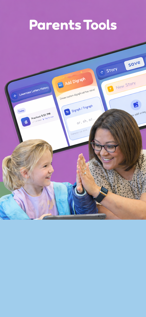 Kids Academy - Learn and Play - Panel de Herramientas para Padres en la aplicación Kids Academy que muestra el seguimiento del progreso y funciones de aprendizaje personalizadas.