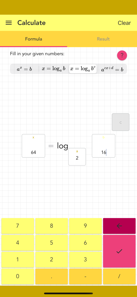 Simple Logarithm PRO - Input screen of the Simple Logarithm PRO app for calculating logarithmic formulas