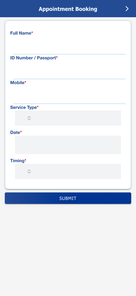 Appointment booking screen in the Edaa app featuring fields for name, ID number, mobile, service type, date, and timing.