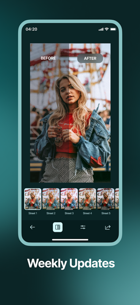 Before and after comparison of a photo using street style filters in the Lightroom presets editor app