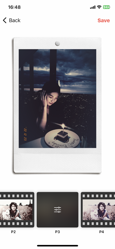 Frame Art: Photo Frames App - A photo of a woman celebrating a birthday edited with a white polaroid frame and dark aesthetic filter in the Frame Art app interface