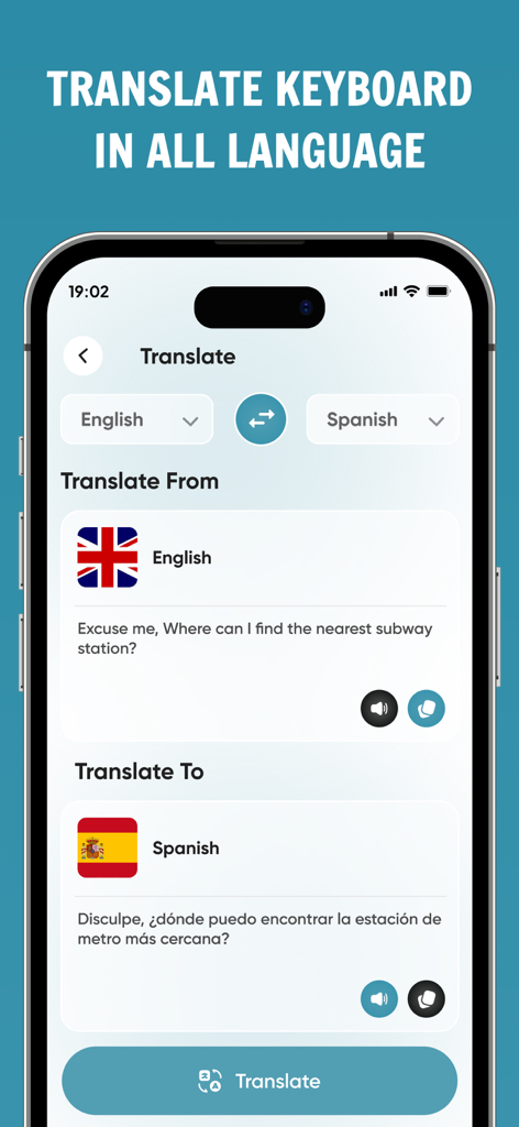 Translate AI Keyboard Language - Pantalla de aplicación móvil que muestra la traducción de inglés a español
