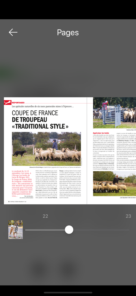 Centrale Canine Mag - Uma página de revista digital no aplicativo Centrale Canine Mag apresentando um artigo sobre uma competição de cães de pastoreio de estilo tradicional na França.