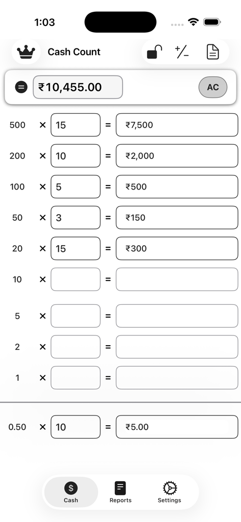 Cash Count –  Cash Calculator - 통화 단위와 총 합계 계산을 보여주는 현금 계산용 모바일 앱 인터페이스.