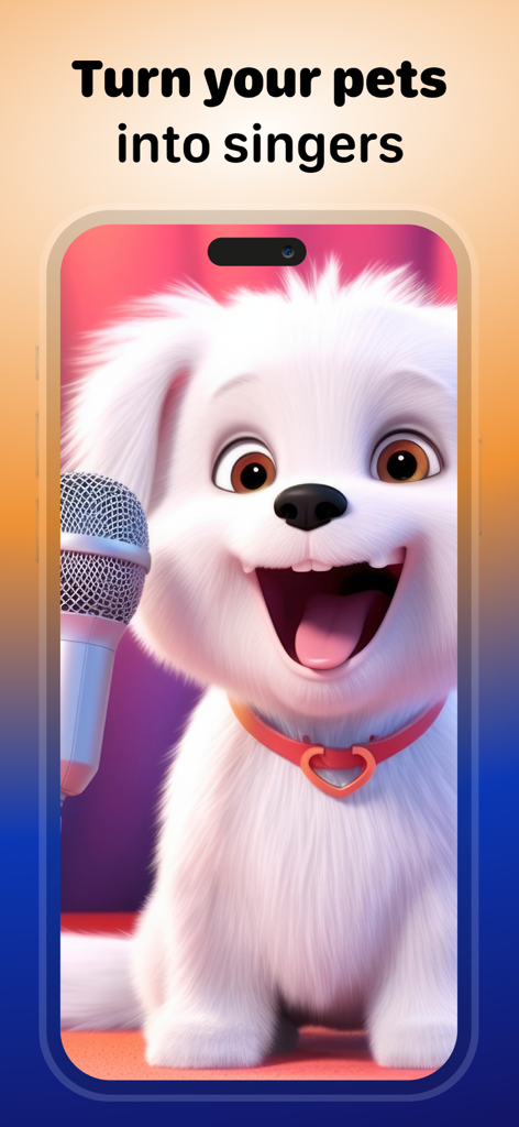 Pet Videos: Cat,Dog Translator - ペットを歌手に変えようというテキストが付いたモバイルアプリの画面でマイクに向かって歌う白いふわふわの子犬