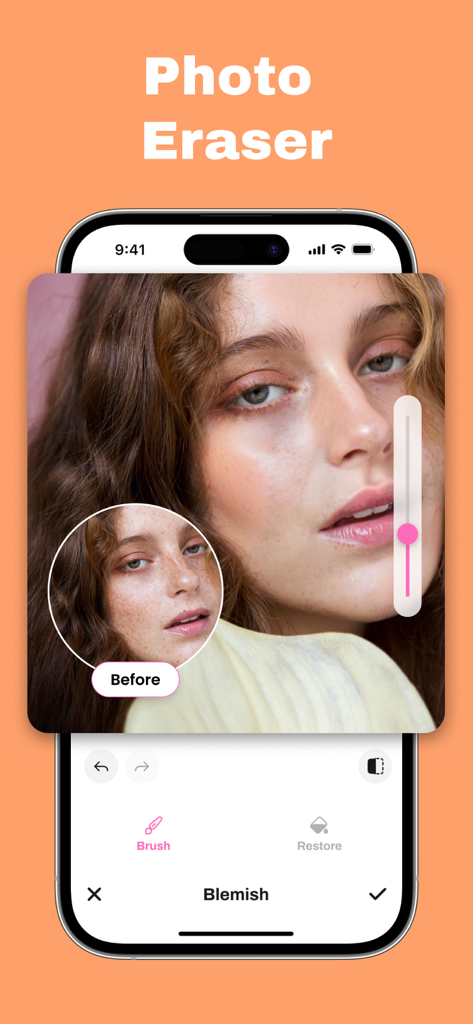 Photo eraser - AI retouch - Aplicativo de retoque de fotos por IA mostrando remoção de manchas e suavização da pele em um retrato