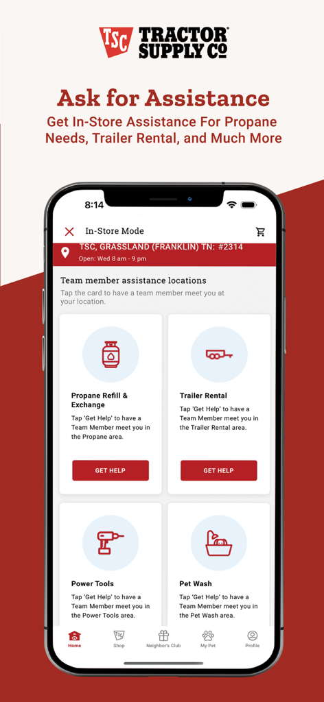 Tractor Supply app screen showing in-store assistance options for propane refills, trailer rentals, power tools, and pet wash