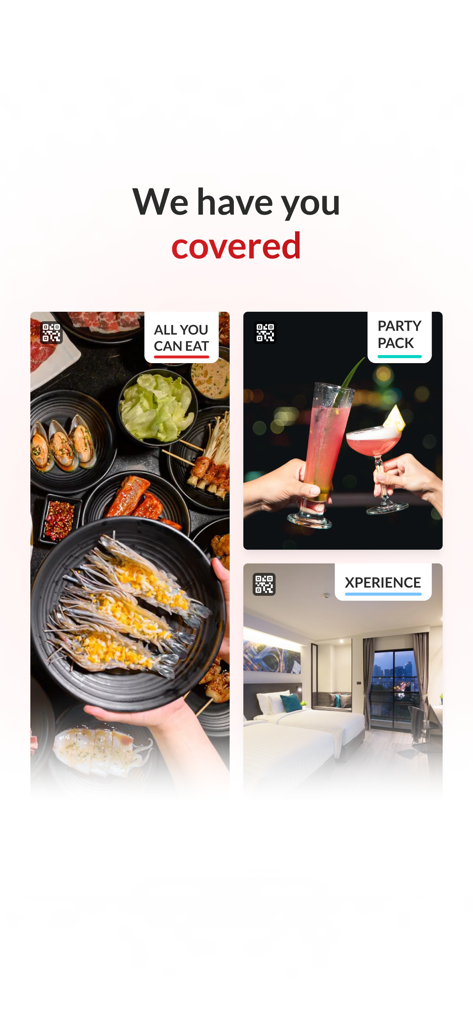 Hungry Hub - Dining Offer App - Pantalla de la app Hungry Hub que muestra paquetes de mariscos "come todo lo que puedas", cócteles del Paquete de Fiesta y opciones de habitaciones de hotel Xperience.