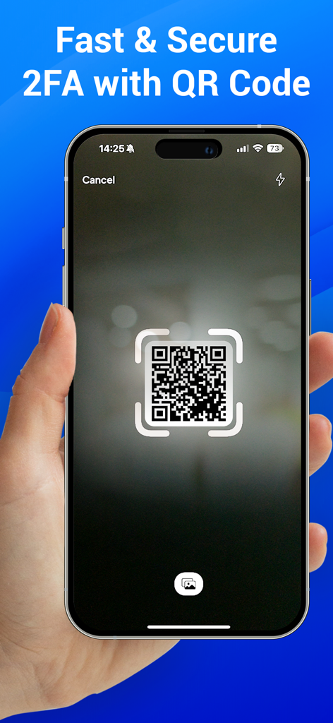 Authenticator App | 2FA Auth - Pantalla de iPhone que muestra un escaneo de código QR para una autenticación de dos factores rápida y segura.