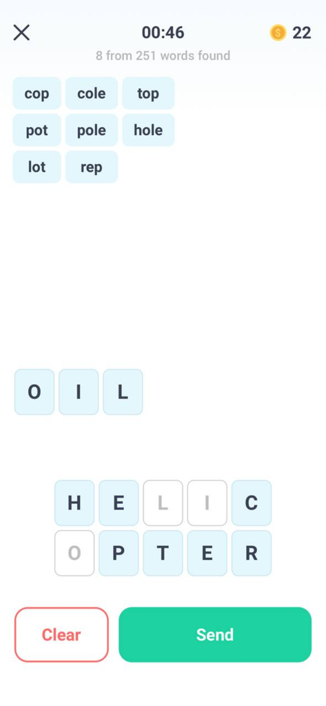 Find Words in Word - Typer - Screenshot of the Typer word puzzle game where players form smaller words like oil from the letters in helicopter