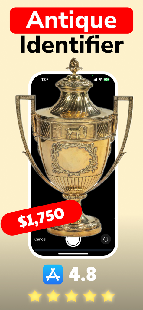 Antique Identifier - Antik - Antique Identifier mobile app interface showing a gold trophy with a 1,750 dollar price valuation and a 4.8 star rating