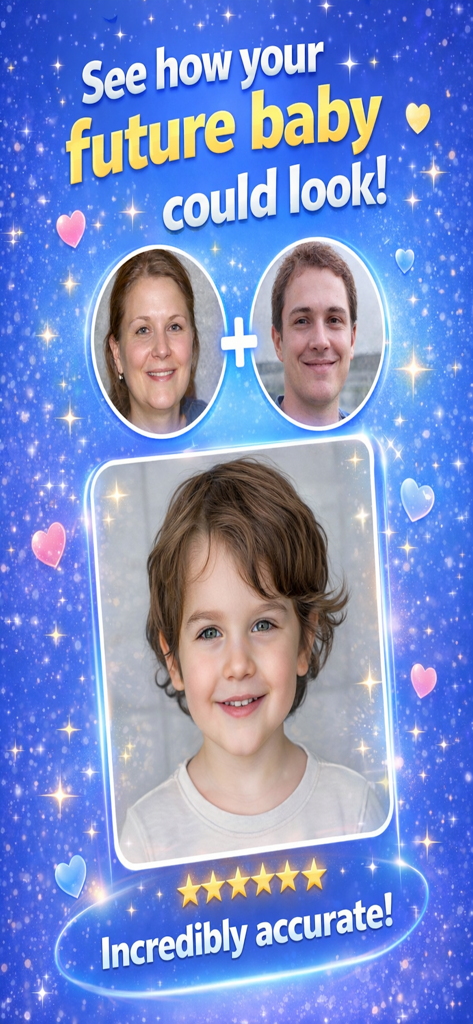 Baby Face Generator - Predict - AI app interface showing a future baby face prediction created by combining photos of a man and a woman