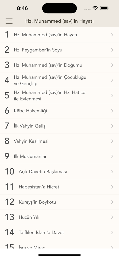 Hz. Muhammed (SAV) - A numbered table of contents showing different stages of Prophet Muhammad's life in a mobile reference app.