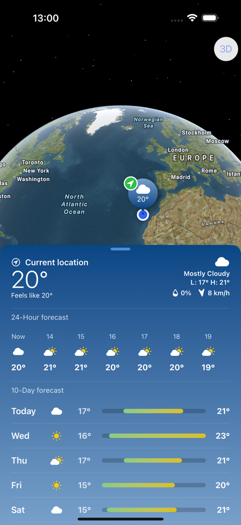 Tap Weather - Tap Weatherアプリの画面に3Dグローブマップと天気ピン、現在の場所の詳細な天気予報パネルが表示されています