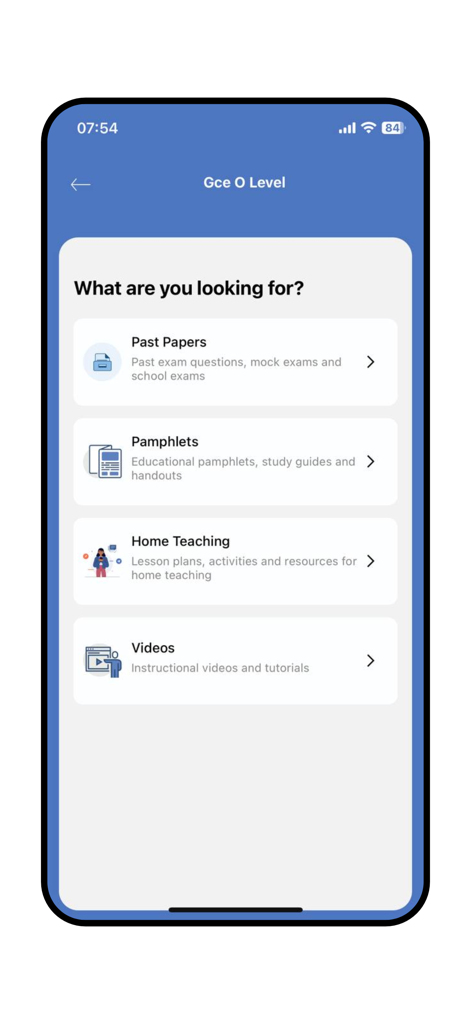 Kawlo - Menu de l'application Kawlo pour les ressources du GCE O Level comme les sujets des années précédentes et les vidéos.