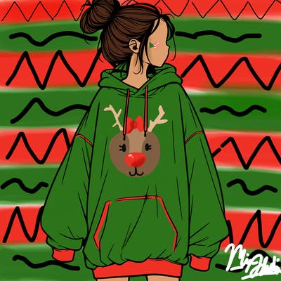 realistic girl with a oversized sweatshirt on and a bun