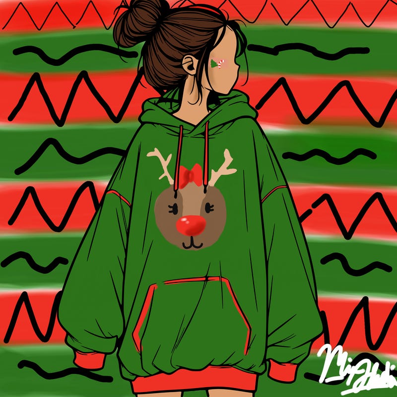 realistic girl with a oversized sweatshirt on and a bun