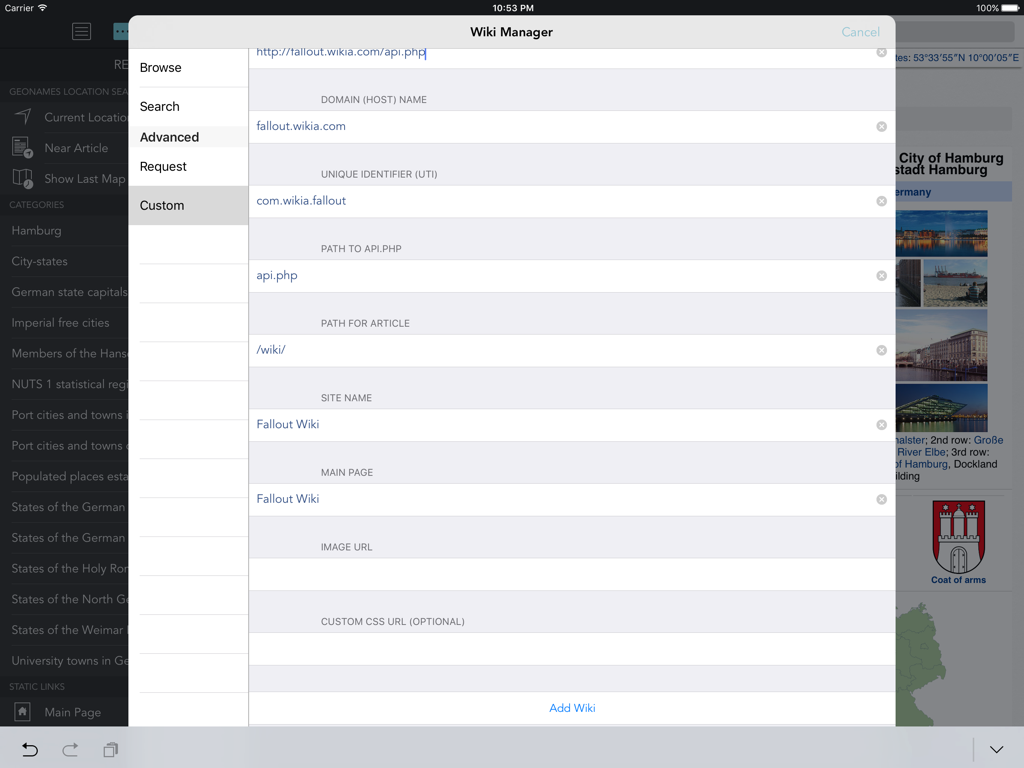 Wiki Manager interface in Wikipanion Plus for iPad showing custom wiki setup.
