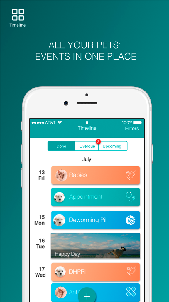 Petable - Petable app screenshot showing a timeline of pet vaccinations and medical appointments
